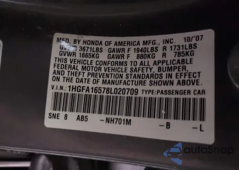 2008 Honda Civic Lx из США, поврежденный, VIN 1HGFA16578L020709